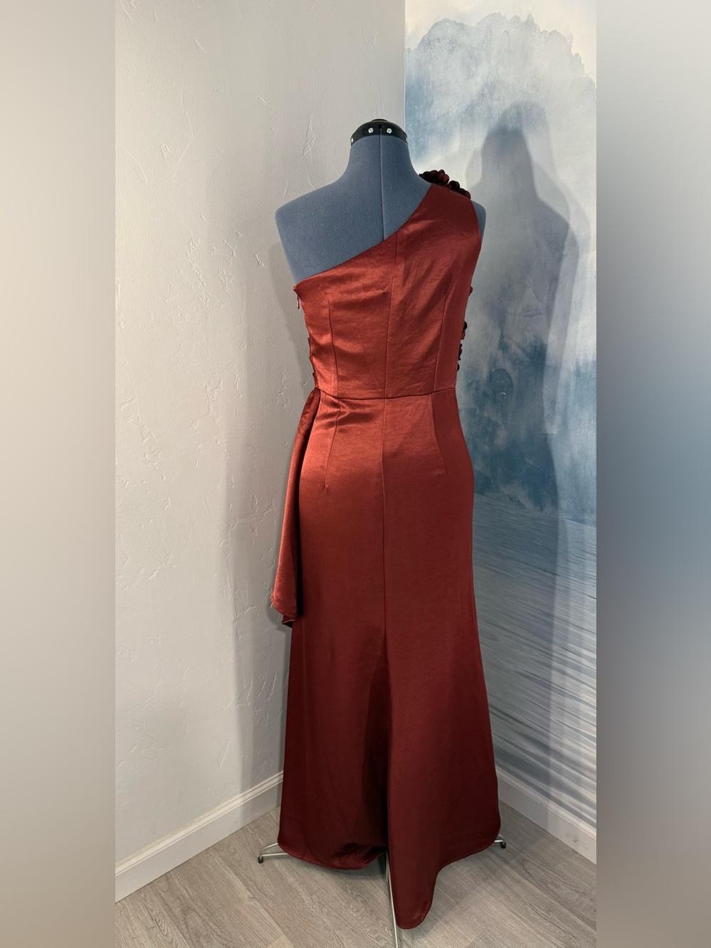 One-Shoulder Burgundy Satin Evening Gown with Floral Shoulder Detail #411 - Picture 3 of 11